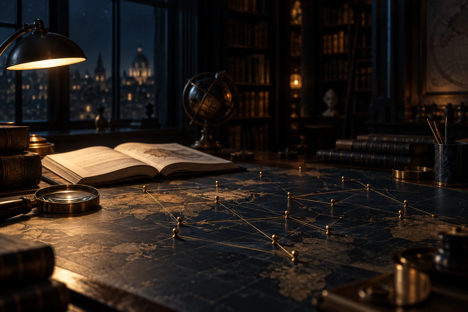 A global research table in a private library.