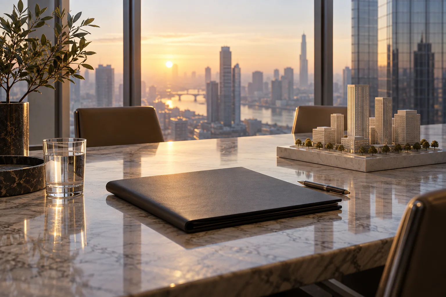 A private conference table prepared for a high-stakes business decision.