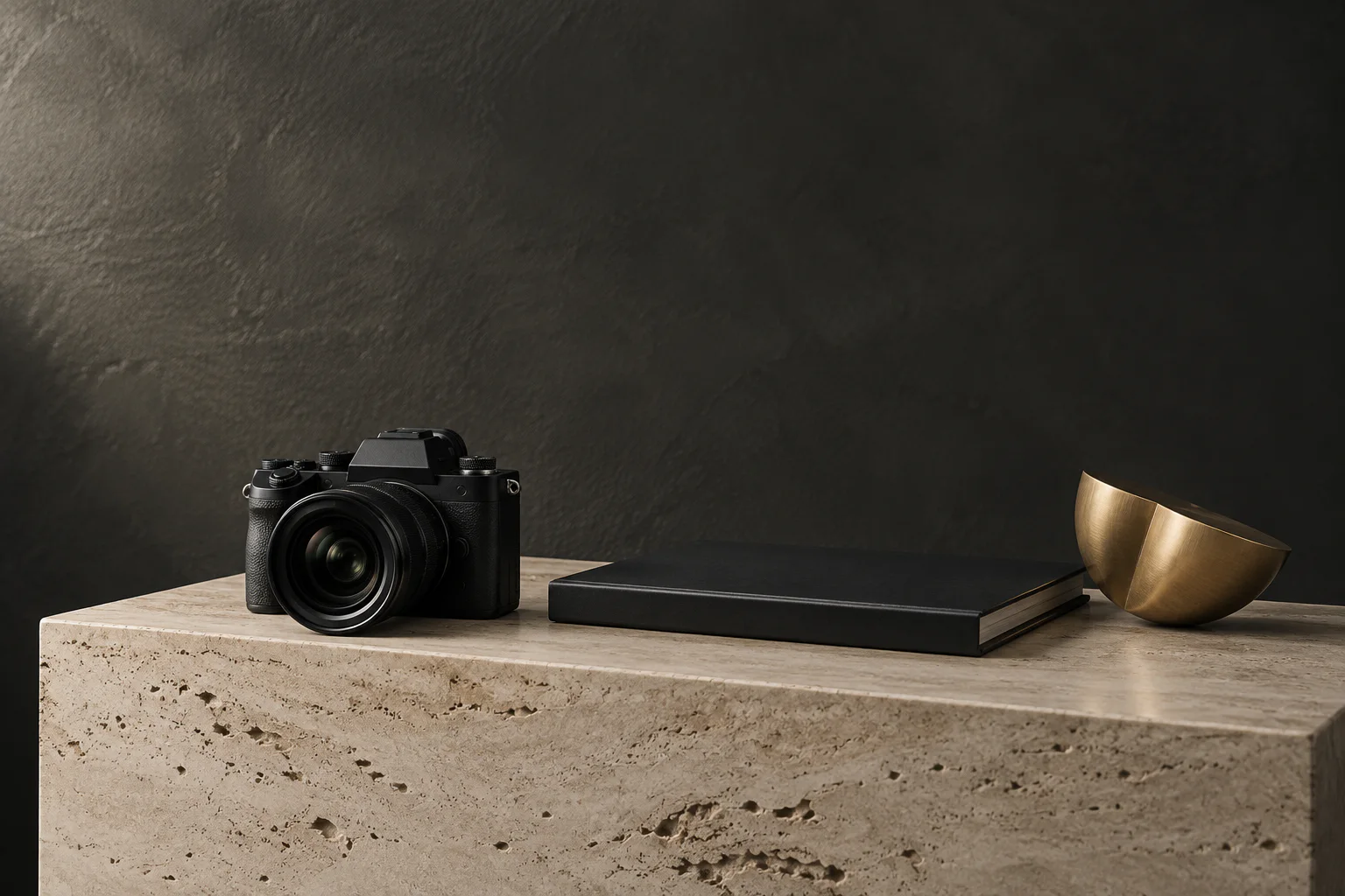 A camera and portfolio presented in a contemporary gallery setting.