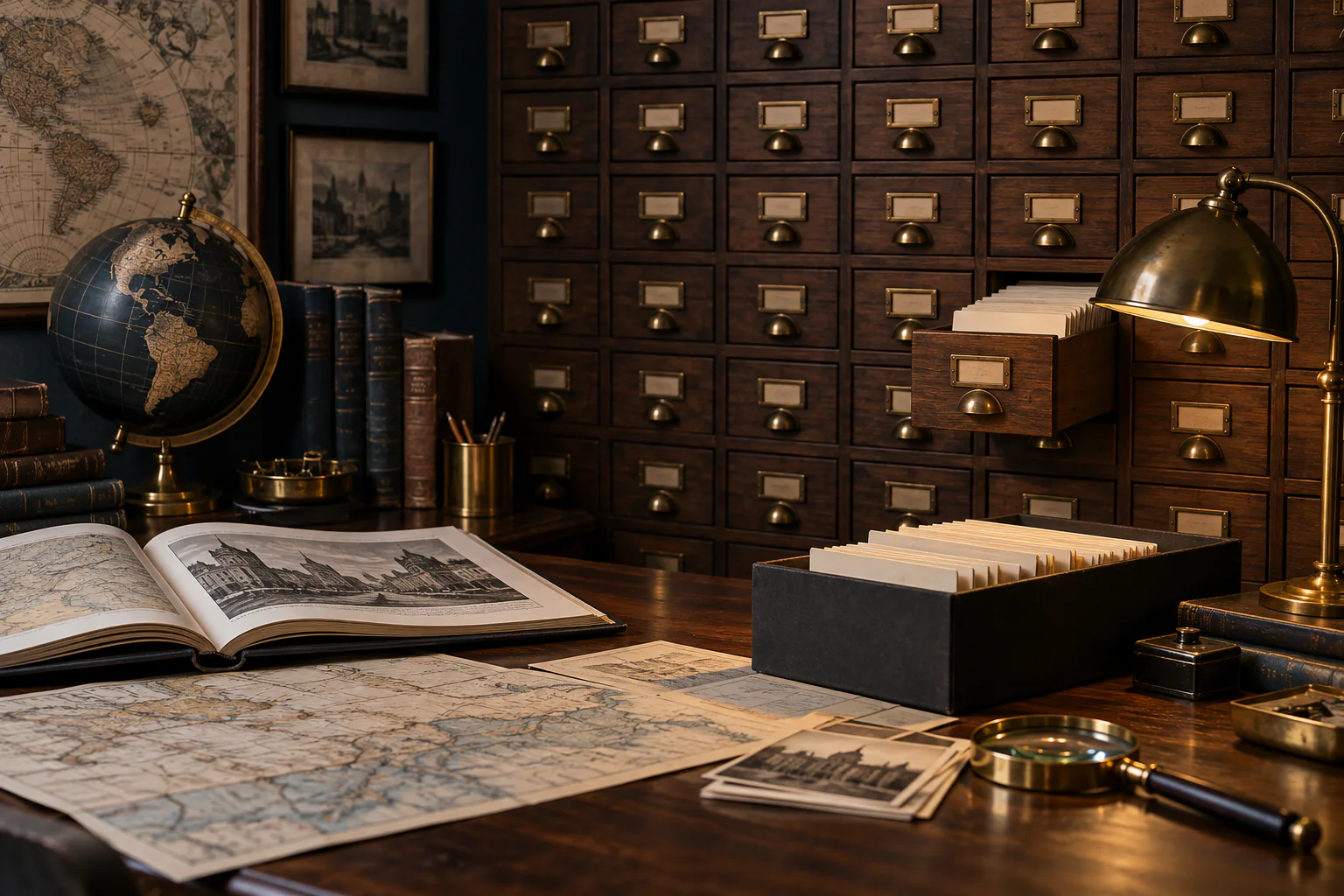 A carefully organized card catalogue in an archival study.