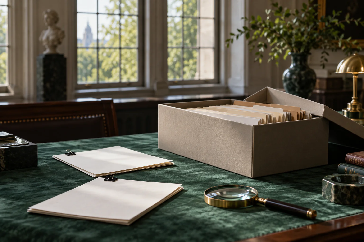 An archival records table prepared for careful fact finding.