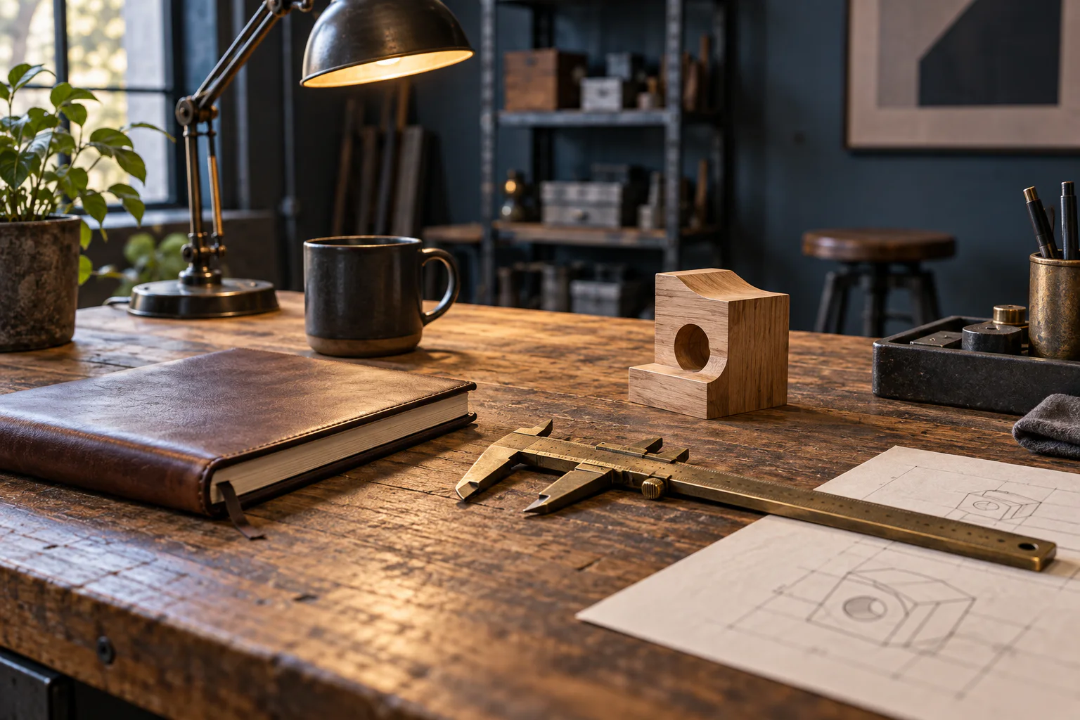 A workshop desk prepared for hands-on company leadership.