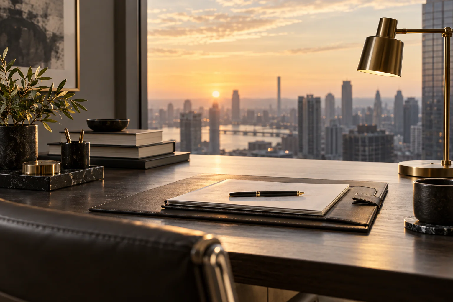 An executive workspace at sunrise, prepared for considered decisions.