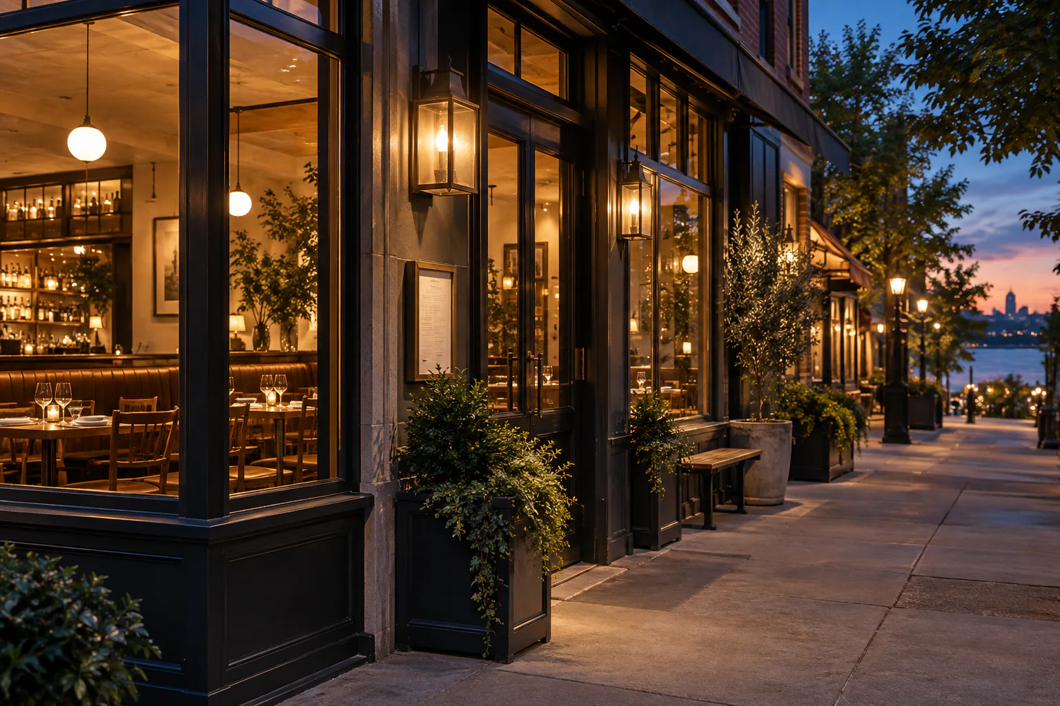 A local restaurant storefront at blue hour.